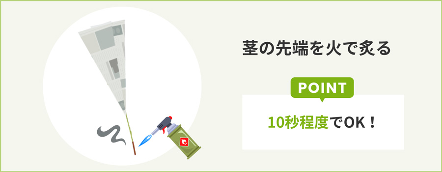 茎の切り口を火で炙る