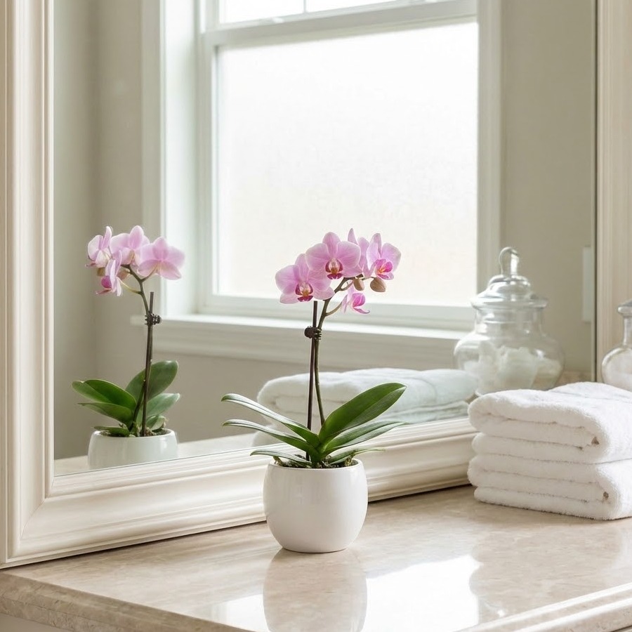 【洗面所・パウダールーム】鏡越しのミニ胡蝶蘭で朝の気分を上げる