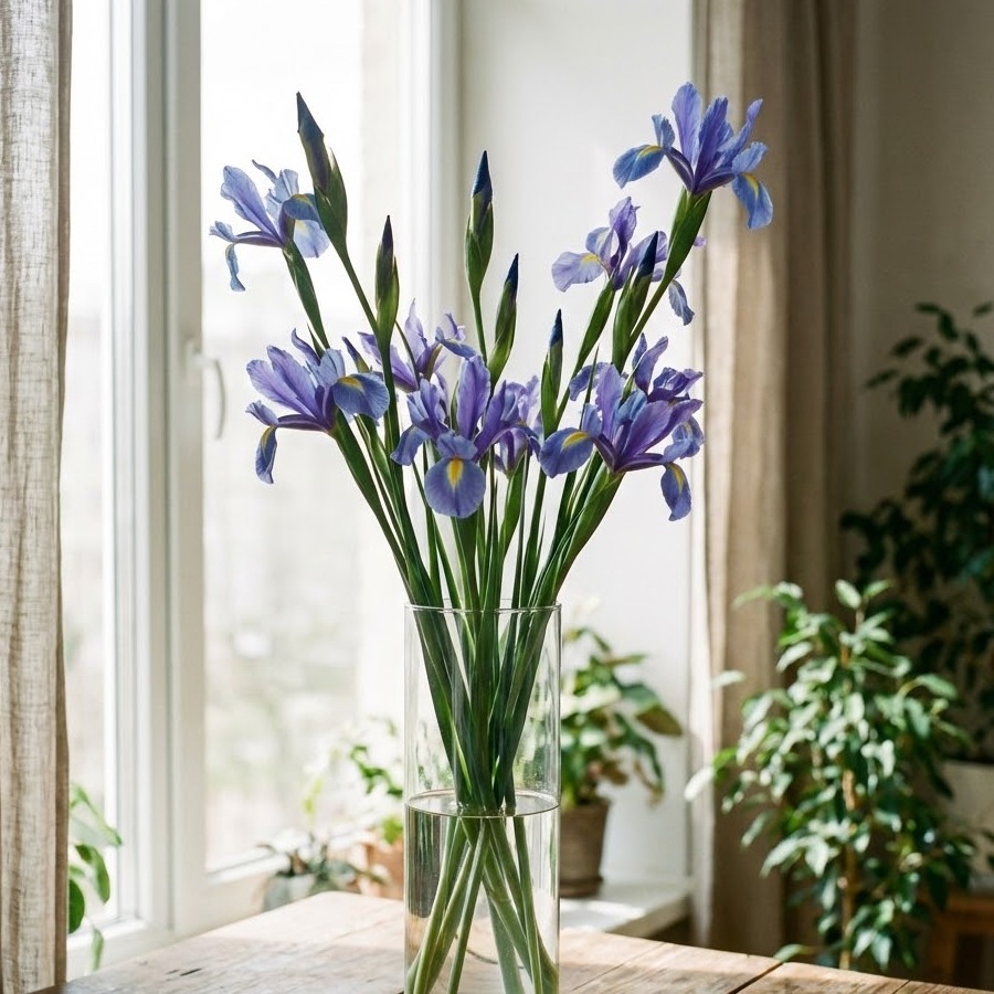 縦の長さを生かしてアイリス単体で生ける