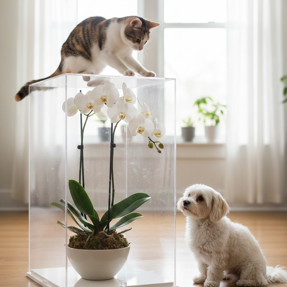 胡蝶蘭をクリアケースなどの囲いに入れる