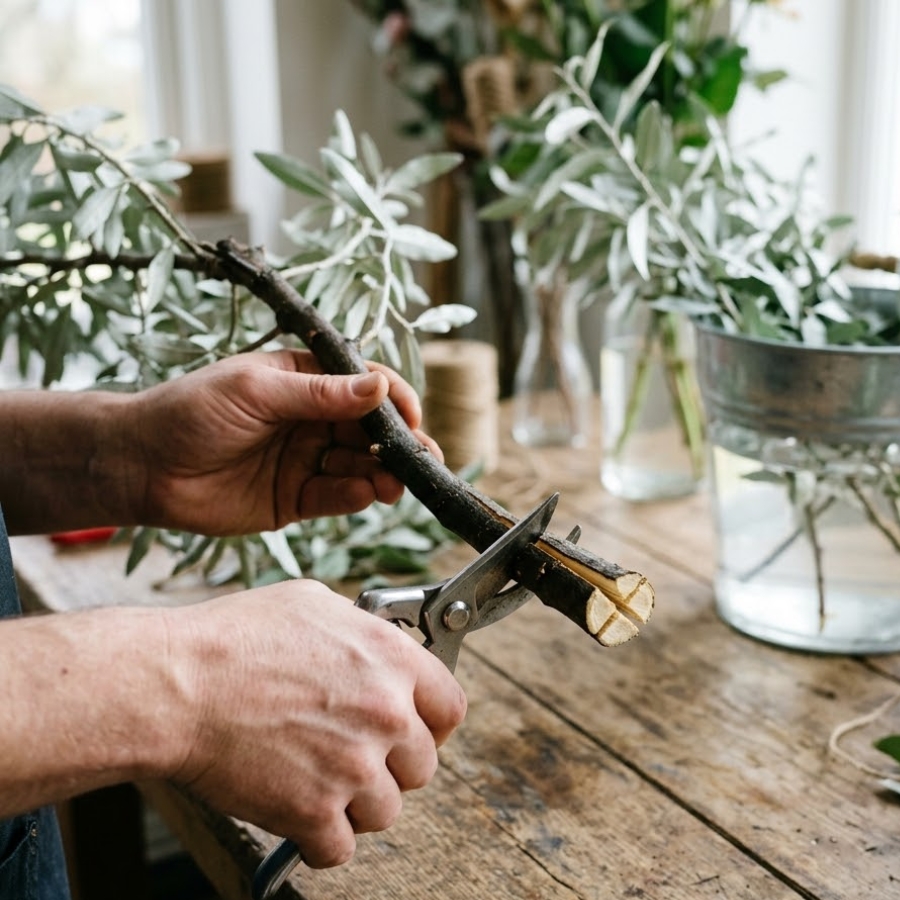 枝先に割りを入れる、または叩く