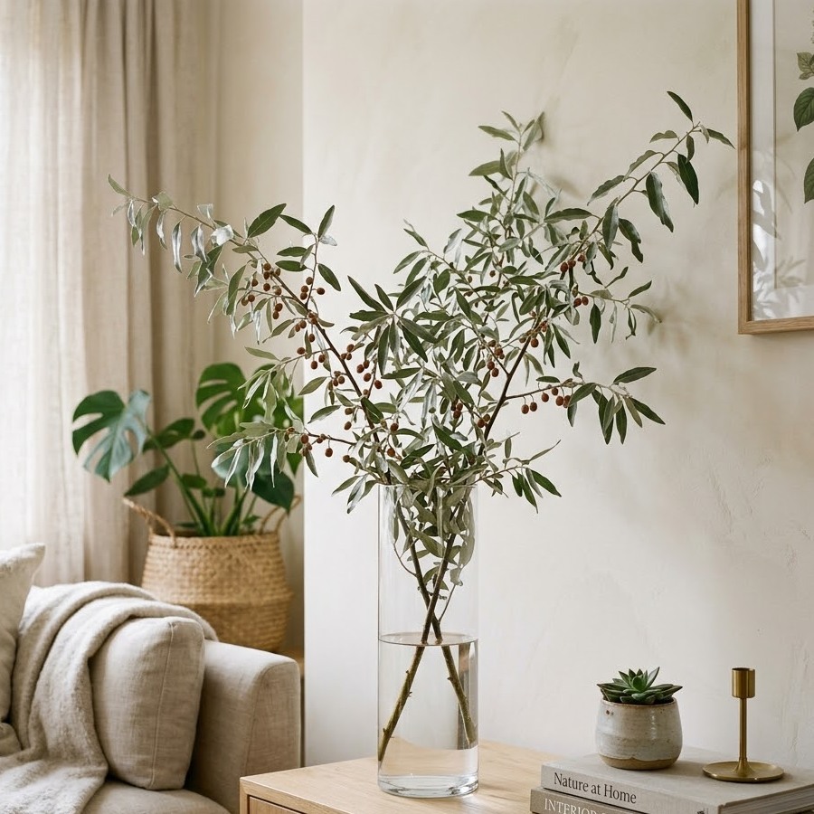 クリアで高さのある花瓶に飾って観葉植物風に