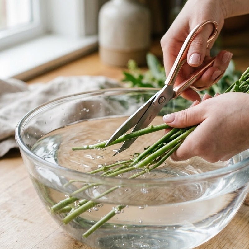 茎を水中で斜めにカット