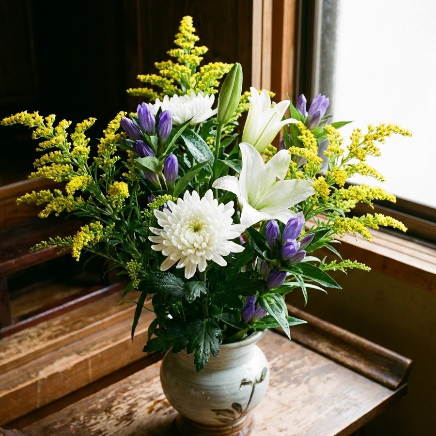 菊やユリと合わせた仏花アレンジに