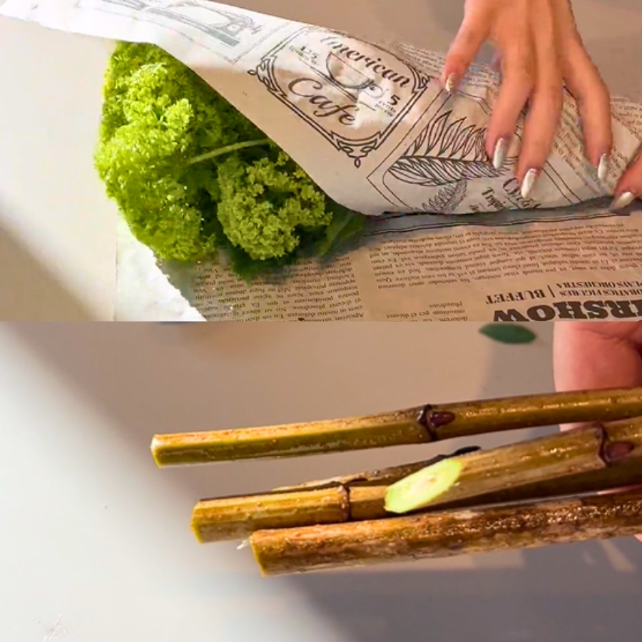 新聞紙で包み、枝先を斜めにカット